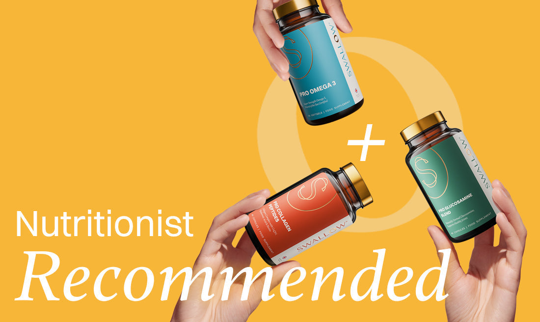 blog post about 7 Benefits of Combining Glucosamine Chondroitin, Marine Collagen and Omega 3 with an image showing three hands holding three different jars of supplements