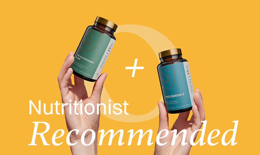 blog post about 7 Benefits of Combining Glucosamine Chondroitin and Omega 3 with image showing two hands holding two jars of glucosamine chondroitin and omega 3 supplements
