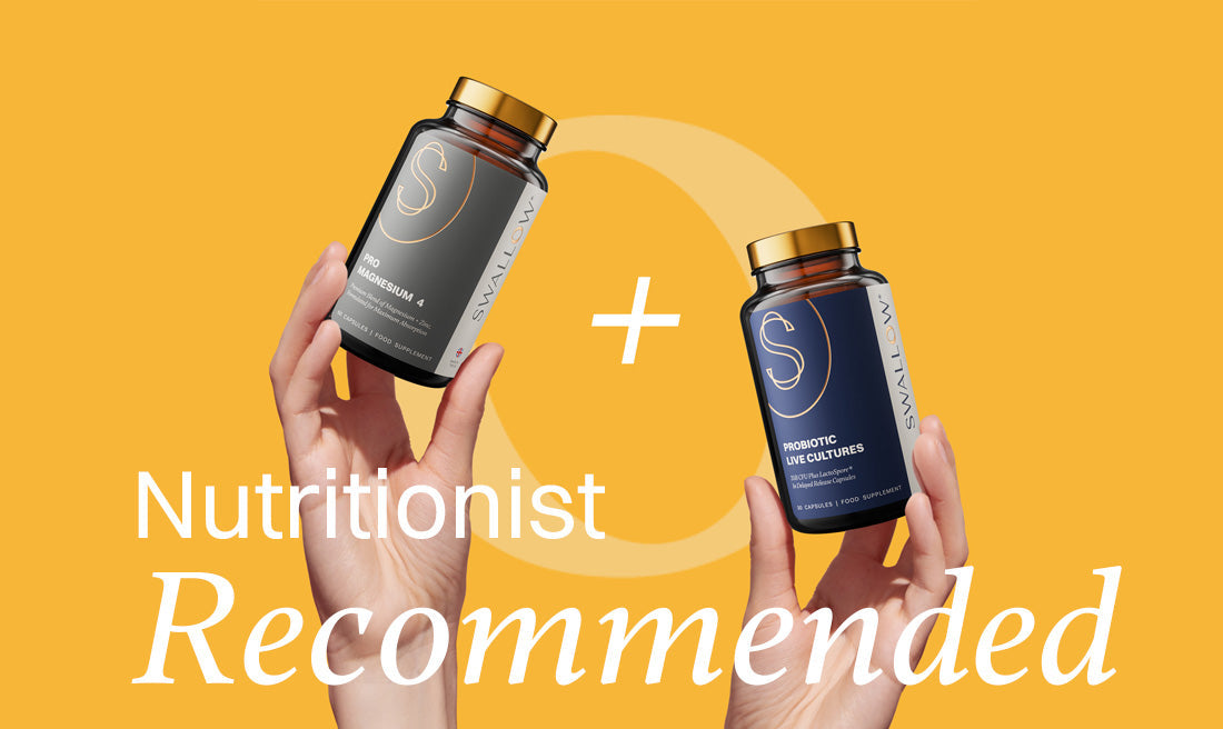 blog posts about 7 Benefits of Combining Magnesium and Probiotic showing two hands holding two jars of magnesium and probiotic supplements