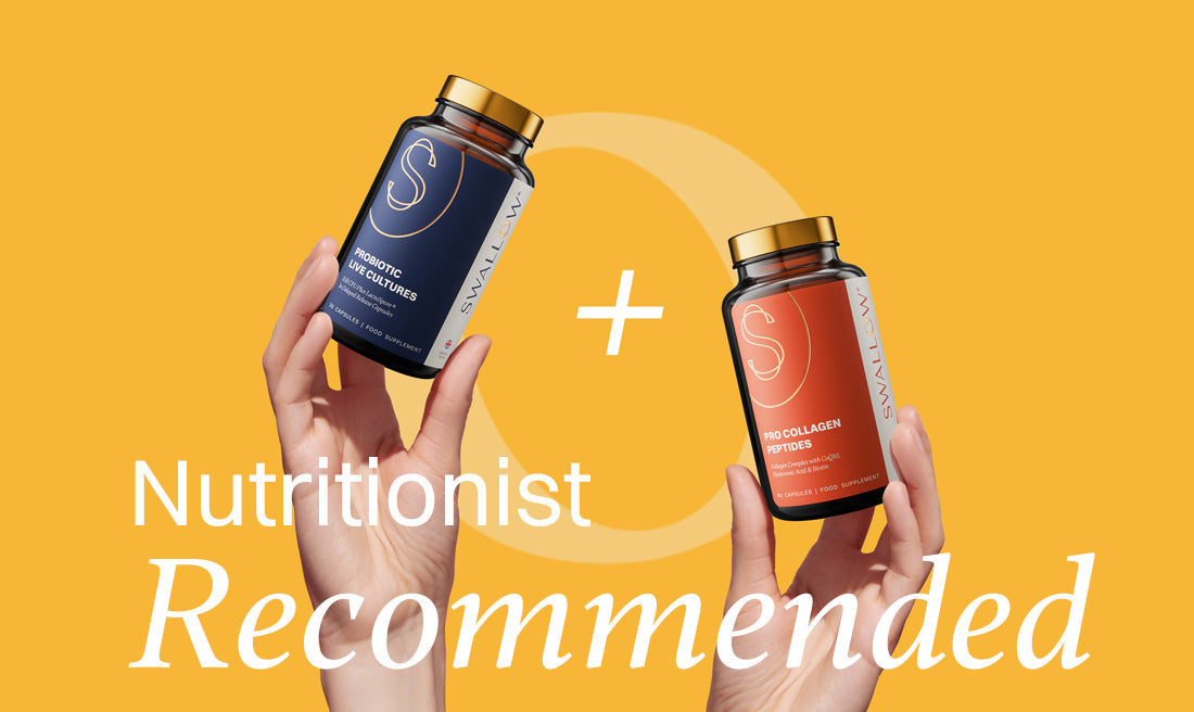 blog posts with image about 7 Benefits of Combining Collagen and Probiotic with two hands holding two jars of supplements