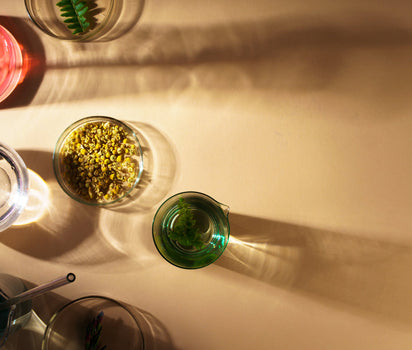 Glass bowls with botanicals and herbal infusions in soft sunlight — marine collagen supports skin elasticity and ageing