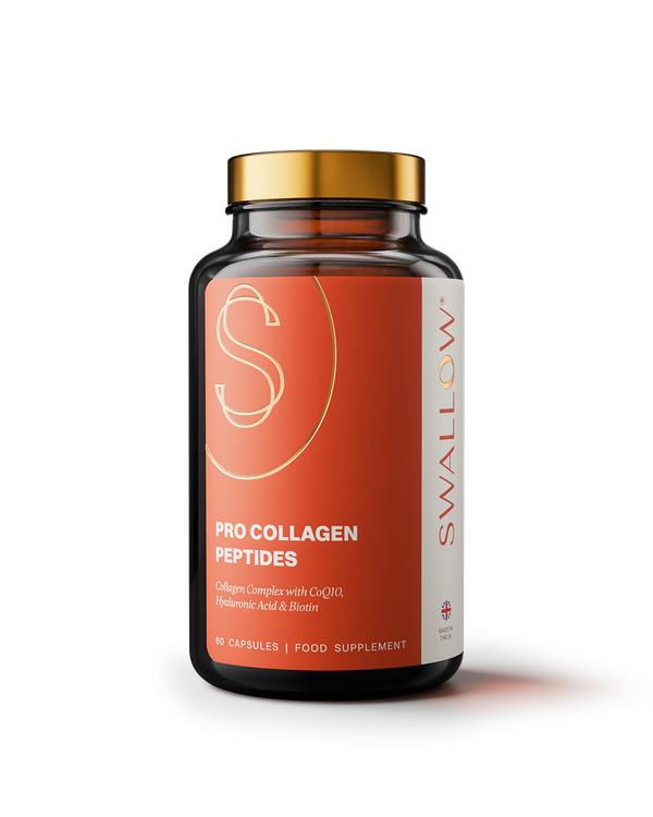 A bottle of Swallow Pro Marine Collagen Peptides supplement with a orange label and a gold-colored cap.