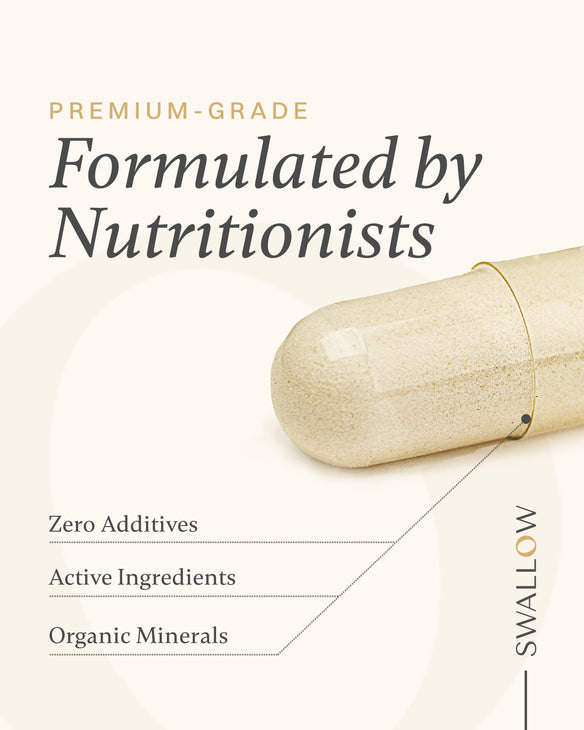 Capsule with text 'Premium-grade, Formulated by Nutritionists, Zero Additives, Active Ingredients, Organic Minerals' on a white background.