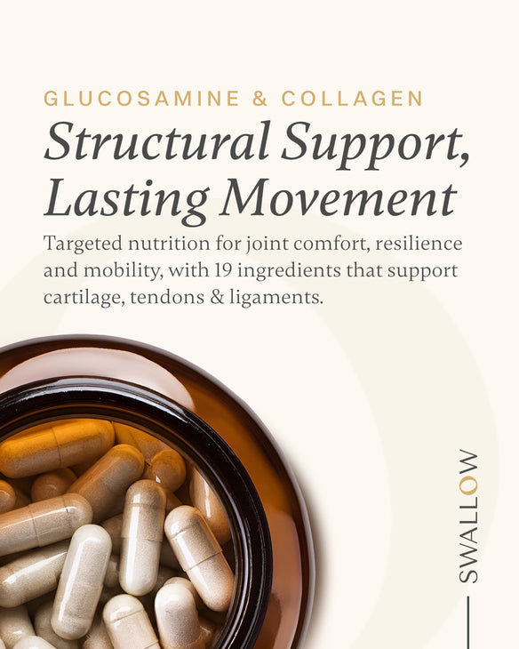 Bowl of glucosamine and collagen capsules with text about joint support on a white background