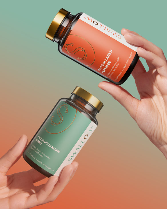 Two bottles of Swallow supplements held by hands against a gradient background