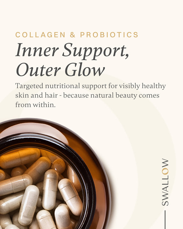 Collagen and probiotics capsules in a jar with promotional text on a white background.