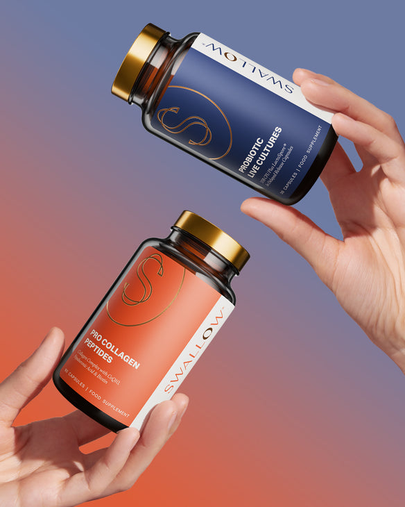 Two bottles of Swallow collagen probiotics supplements held by hands against a gradient background