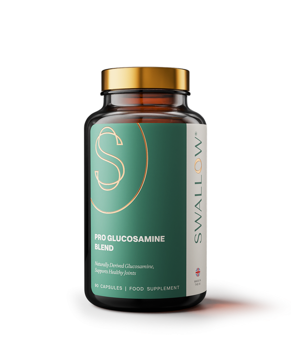 A bottle of Swallow Pro Glucosamine Blend supplements with a green label featuring the brand logo and product information.