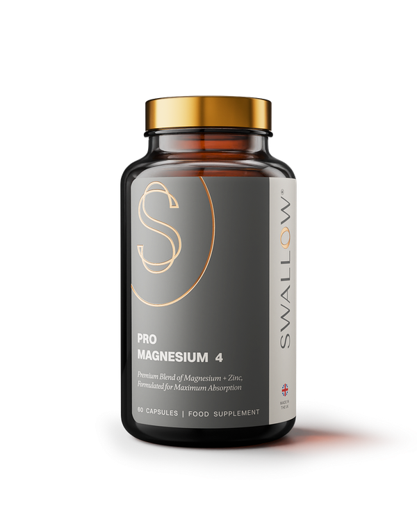 A bottle of Swallow Pro Magnesium 4 supplement capsules with a sleek design.