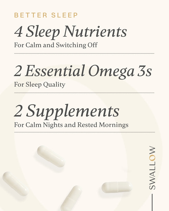 Product information for sleep nutrients with text and Swallow brand logo on a white background