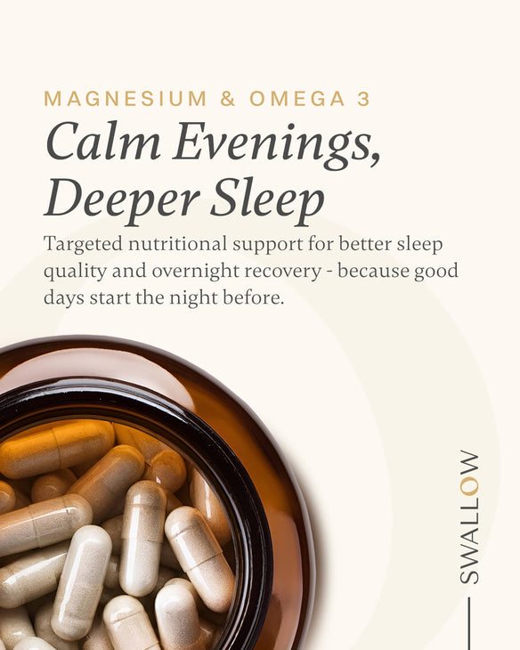 Supplement capsules in a jar with text about magnesium, omega 3 for better sleep quality and recovery.