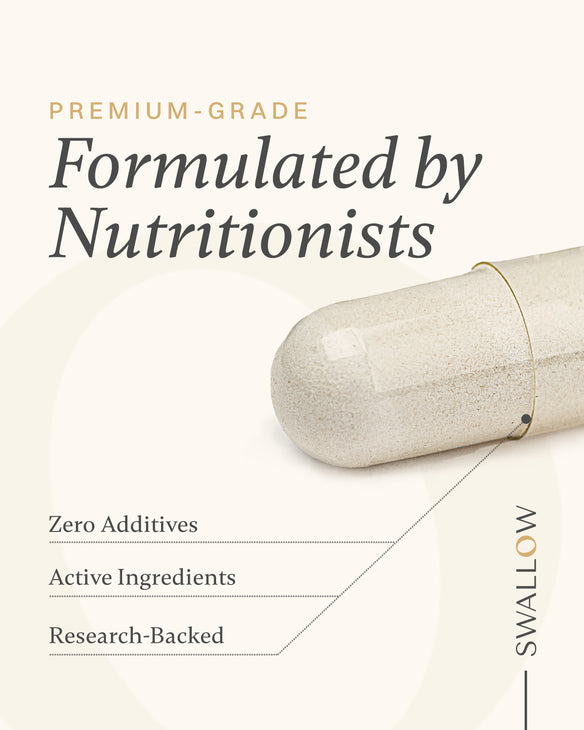 Cylindrical product with text about premium-grade formulation by nutritionists on a white background