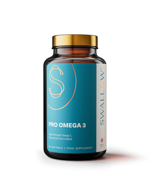 A bottle of Swallow Pro Omega 3 capsules with a blue label and a golden cap.