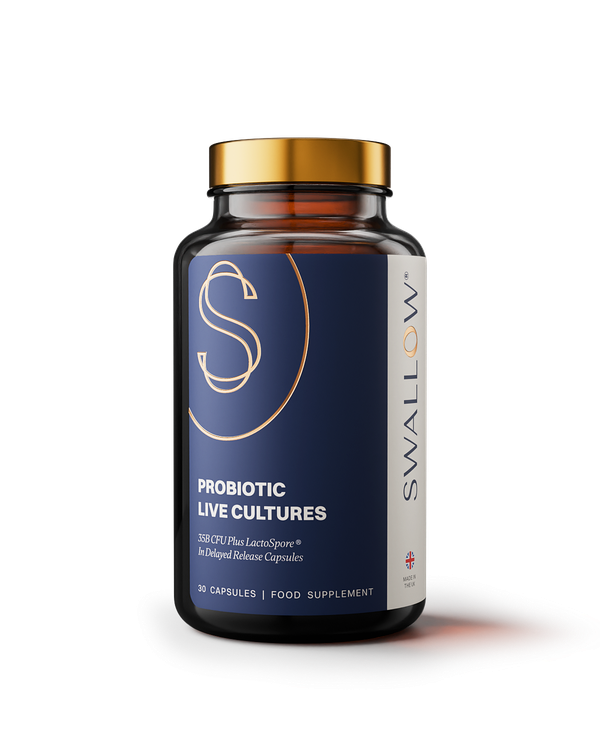 A bottle of Swallow brand probiotic live cultures supplements with a label stating '100% Plant-Based' and 'Dairy-Free Vegan Probiotics'. The bottle contains 30 capsules for dietary use.